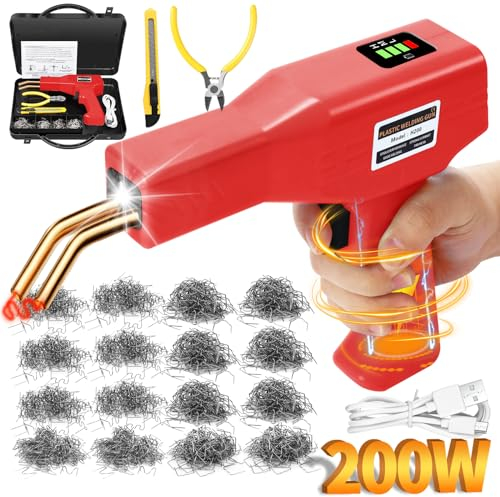 200W Soldador de Plástico, USB Recargable Soldadura Plástico con Batería 5000mA, Inalámbrico Soldador Plastico con 1050PCS Grapas, Kit Reparación Plástico para Reparación Parachoque/Piezas de Plástico