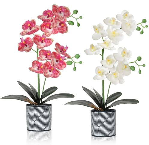 LOMOHOO Künstliche Orchideenblumen im Topf (52cm), 2 Stück eingetopfte Orchideenblüten Gefälschte Orchideen mit Plastikvase für Tischdekoration Wohnkultur Büro Hochzeitsfeier Dekoration(Rosa & Weiß)
