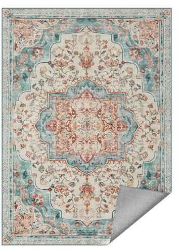 SONGMICS HOME Vintage Teppich, 153 x 214 cm, Wohnzimmerteppich, Schlafzimmerteppich, Waschbarerteppich, Rutschfester Teppich, für Küche, Flur, Esszimmer, aquamarinblau TAR036Q01