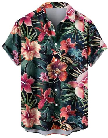 HAOLEI Summer Hawaiian Shirts for Men UK Clearance, Floral Print Hawaiian T-Shirts Regular Fit Tropical Beach Turn-Down Collar Short Sleeve Tops Button Down Casual Holiday Shirt S-5XL