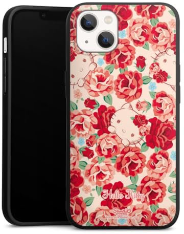 Premium Silikon Hülle kompatibel mit Apple iPhone 13 Handyhülle schwarz Case Muster Hello Kitty Pfingstrose