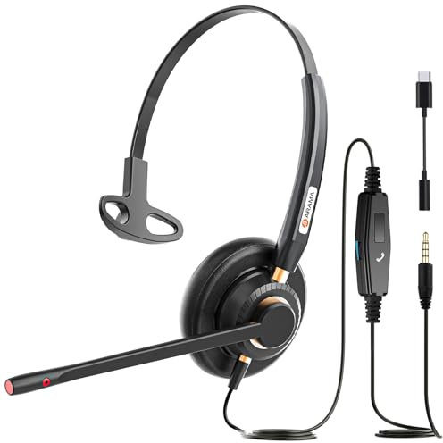 Arama 3.5mm/Type-C Jack Headset with Microphone Noise Cancelling & In-line Control, 2-In-1 Cell Phone Headphone for iPhone Samsung Laptop, Tablet, Skype Chat, Zoom, Business, Office, Call Center
