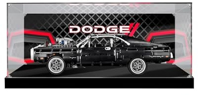 Acrylic Display Case Compatible for Lego 42111 Fast & Furious Dom's Dodge Charger Race Car Model Building Blocks Transparent Storage Display Box Gift(Case Only, NO Model) (Black Bottom+Background)