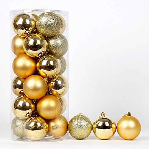 24Pcs Christmas Tree Balls Ornaments, 4cm Colored Shatterproof Plastic Decorative Baubles for Xmas Tree Decor Holiday Party Wedding Decoration (Gold)