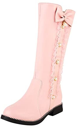 Elegante Damenstiefel mit niedrigem Absatz, wadenhoch, mit seitlicher Fliege, runder Zehenbereich, Reißverschluss, Stiefel für Kleid, Party, Outdoor, rutschfest, wasserdicht, Regenstiefel, rose, 39.5