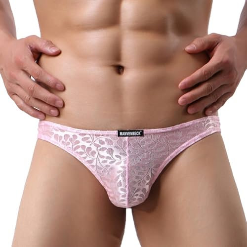 Sous-vêtements respirants en dentelle florale pour homme, culotte à poche bombée avec tissu doux (L rose)