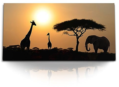 Paul Sinus 120x60cm Wandbild atemberaubender Sonnenuntergang mit Giraffen und Elefanten, Naturbild auf Leinwand