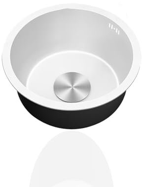 Évier de cuisine en acier inoxydable 304 petit rond avec tuyau d'évacuation blanc 1 bac pour kitchenettes et camping, montage en saillie et sous meuble (diamètre 25 cm)