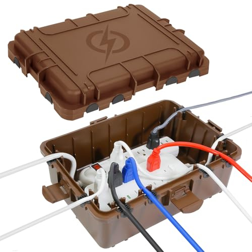 OUTDSPLY Große wasserdichte Kabelbox für den Außenbereich, wetterfeste Außensteckdose, IP54-geschützte Steckdosenleiste, Timer-Steckdose, Außenstecker, Verlängerungskabel (31 x 23 x 13 cm) - Braun