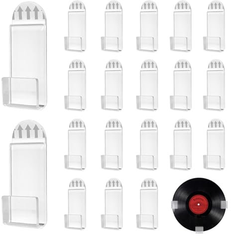 JUGCUT 18Pcs Vinyl Record Wall Mount Display, Clear Acrylic Self-Adhesive No-Drill Vinyl Album Holder CD/Card/Magazine Storage Shelf with Tape for Home Office & Retro Decor Art exhibition
