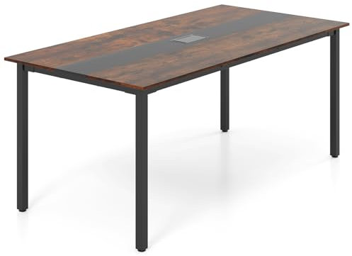 GYMAX Konferenztisch 180 x 90 cm, Besprechungstisch für 8-10 Personen, Arbeitstisch mit Kabeldurchlass, rechteckiger Schreibtisch, Arbeitstisch für Büro & Konferenzraum, Rustikales Braun