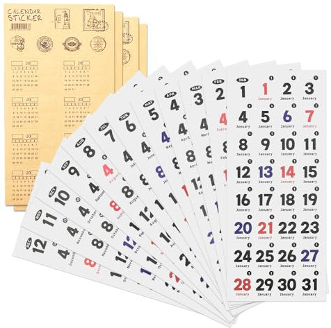 MUWINC Journaling Zubehör-16 Blätter Sticker Kalender,365 Tage Aufkleber Selbstklebende,Sticker-Zubehör Für Planer, Kalender Und Notizbücher (2 Stile)