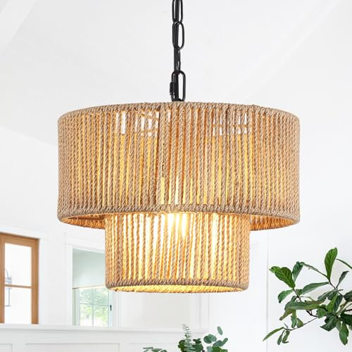 LWYTJO Boho Lampe Rattan Hängelampe 2-Stufig, Rattan Lampe Lampenschirm Hängelampen, Boho Pendelleuchte Esstisch, E27 Hängelampe Schlafzimmer für Wohnzimmer Esszimmer Küche Kronleuchter
