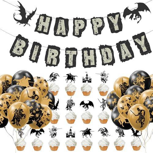 Ritter und Drachen Geburtstag Deko Drache Latex Luftballons HAPPY BIRTHDAY Banner Dragons Kuchendeko 49-teilig Kindergeburtstag Dekoration Set Kreuzritter Mittelalter Mottoparty Ballon Schwarz Gold