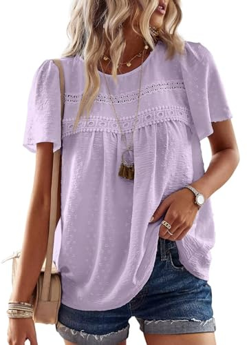 TUUHAW Women Tops Summer Round Neck Short Sleeve Shirts Flowy Crochet Boho | Dressy Casual Scoop Neck, Flowy Ruffle Sleeve Blouses, Elegant Summer, Basic Plain Loop, Bardot Hem Cute Shirts, Pleated Top