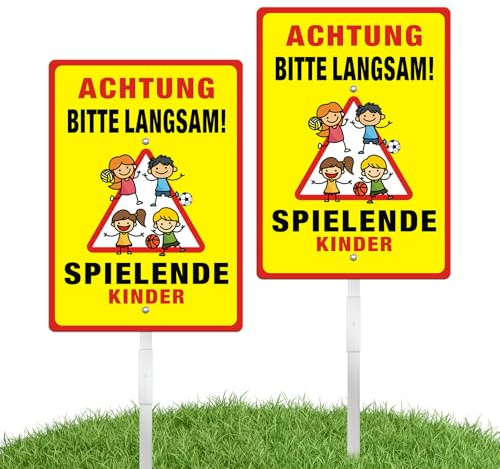 SINMAO Achtung Spielende Kinder Schild mit Pfosten Groß 35x25m Aluminium Wasserdicht, UV-Schutz, Rostfrei für den Außenbereich
