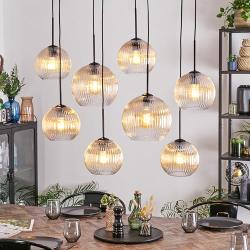 HOFSTEIN Hängeleuchte Koyoto, 8-flammige Hängelampe aus Metall/Riffelglas in Schwarz/Bernstein/Klar, Pendelleuchte im Retro/Vintage-Design (Schirme 20; 25 cm), E27, Esszimmer, Küche, Wohnzimmer