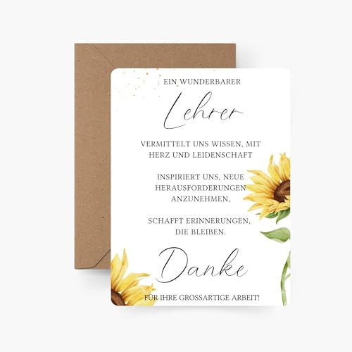 Sarvalleo Dankeskarte Lehrer – Blumen Design – mit Kraftpapier Umschlag – Karte für Lehrerabschied, Schuljahresende, kleines Geschenk, Abschiedskarte