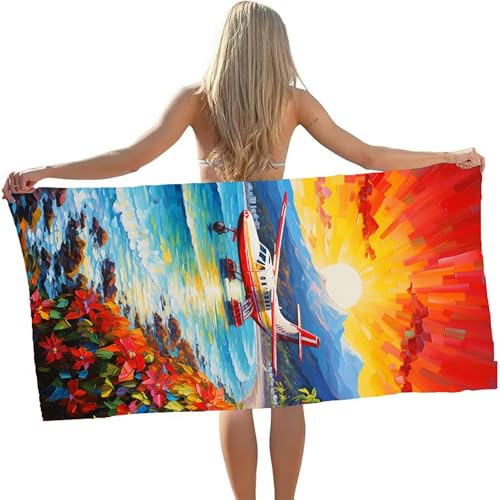 Strandtuch 180 x 90 cm Microfaser Handtücher Schnelltrocknend Ultra Leicht Sandfreies, Tragbares Strandtuch xxl Flugzeug Saunahandtuch Landschaft Badetuch für Reisen Strandliege Sommer Strand GYL1334