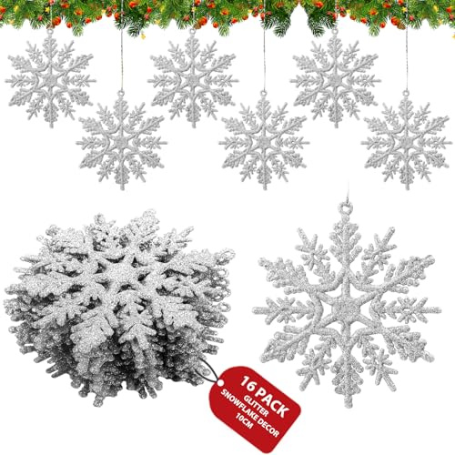 Enjoyard 16 Pieces Silver Snowflake Christmas Tree Decorations,Xmas Snow Flakes Hanging Christmas Decorations,Plastic Snowflake for Home Décor (16, Silver)
