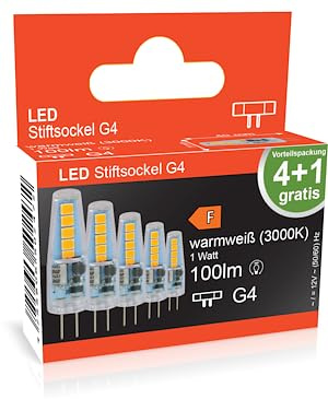 Blulaxa LED Stiftsockellampe G4, 1W, 100 Lumen, Warmweiß, 5er Pack