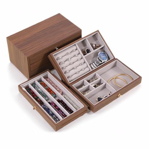 HomeMirth Wooden Vintage Jewellery Organiser Box | Watch Slots / Ring Rolls / Bracelet Trays，Lockable & Large Storage Box，Gift For Women