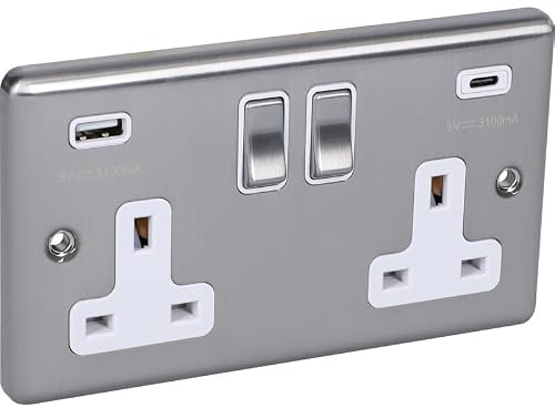 W67BSW - 2 Gang Socket USB Type A & C - Brushed Steel White Inserts | USB Type A & C