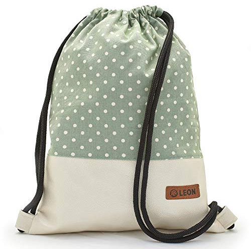 By Bers LEON Turnbeutel mit Innentaschen Rucksack Tasche Damen Herren & Teenager Gymbag Gymsack (Dots_Beigehellgrün_PerlmuttPU)