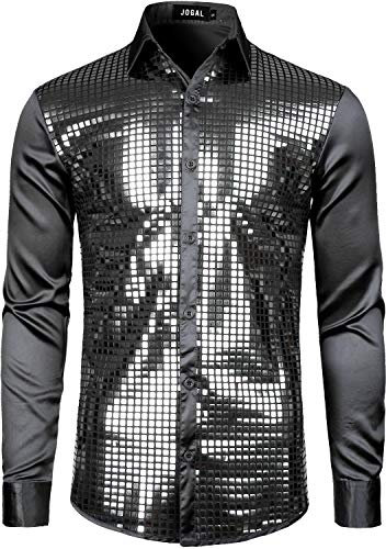 JOGAL Mens Dress Shirt Silver Sequins Long Sleeve Button Down 70s Disco Shirt Party Costume Large Black