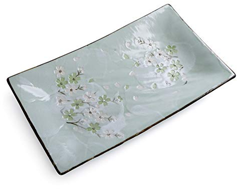 KOIYAKI Japan Porzellan mit grüne Blütenkirsche Teller für Pasta, Nudeln, verschiedenen Gerichten, Salat, Obst, Nachtisch L. 33.3cm W. 9.7cm H. 2.7cm (20015)