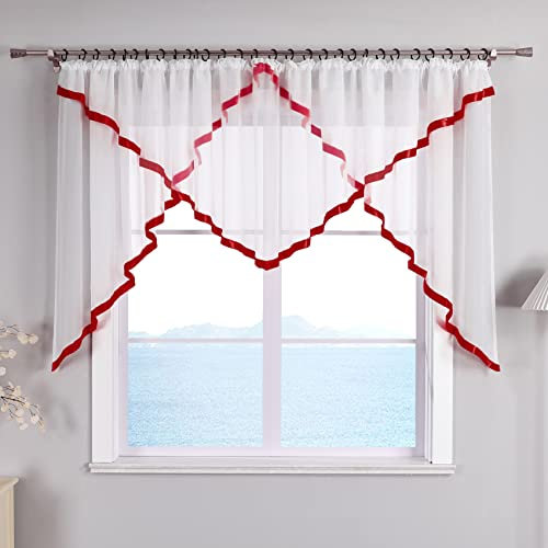 ESLIR Scheibengardine mit Kräuselband Gardinen Küche Bistrogardinen Transparent Stores Vorhänge Mit Satinband Voile Beere HxB 145x450cm 1 Stück