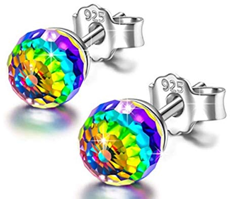 HOMEYU Aurora Borealis Ball-Ohrstecker aus 925er Silber mit Kristall Hypoallergen