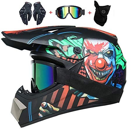 LEENY Casques Motocross, Adultes Enfants Casque Cross Set Casque de Moto avec Lunettes/Gants/Masque, Clown Sticker BMX Casque Intégral Enduro Downhill Quad Moto MTB Casque de Vélo,M(54~55cm)