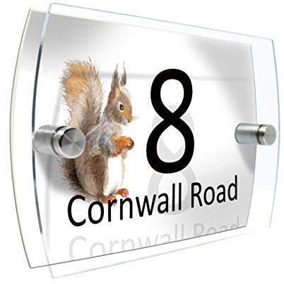 Colourbat Watercolour Animals Personalised Modern House number Sign Name and Number Street Wall Plaque (Squirrel)