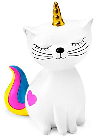 Mousehouse Gifts - Spardose - weiße Einhorn-Katze mit buntem Schwanz und rosa Herz - für Mädchen und Jungen - 11 x 9 x 17 cm