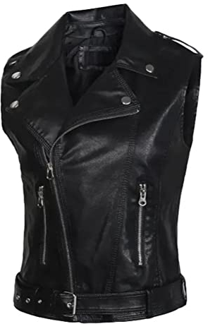 Onsoyours Damen Ärmellose PU Jacke Lederweste Biker Weste Ärmellose Lederjacke Vintage Weste mit Reißverschluss Tank Top Oberteile Sommer Herbst Kurze Gilet A Schwarz M