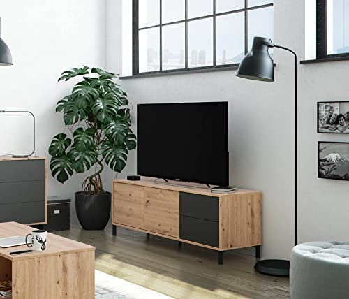 Dmora - Anrichte Arecibo, Modernes Sideboard mit 2 Türen, Buffet im Wohnzimmer, Fernsehschrank, Sideboard mit Füßen für Wohnzimmer, cm 130x41h47, Asteiche und Anthrazit