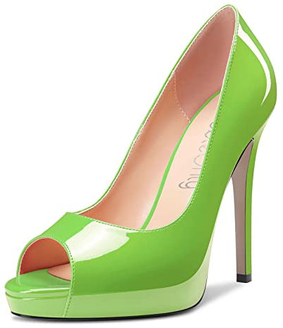 NobleOnly Women's High Heel Platform Peep Open Toe Pumps Court Shoe Slip-on Clear Cute Party Sandals 12 CM Heels Emerald Green 9 UK