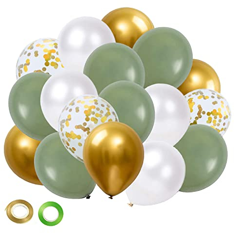 Salbeigrün Gold Ballons Set – 50 Stück 30,5 cm salbeigrün weiße Latexballons Retro Grün Ballon mit Bändern Kit für Abschlussfeier Geburtstag Babyparty Hochzeit Party Dekorationen