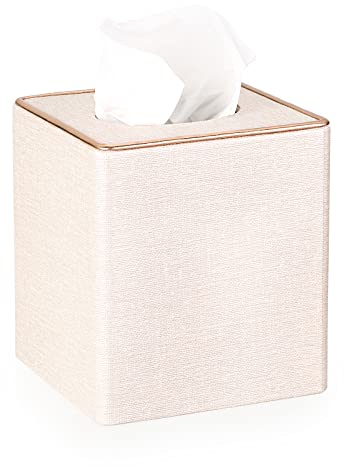TOLIDA PU Taschentuchbox Quadratische Kosmetiktücherbox mit goldenen Rändern Papiertaschentuchbox Leinen Beige Taschentuchhalter 13x13x15cm Tissue Box für Esszimmer Wohnzimmer Schlafzimmer Büro Hotel