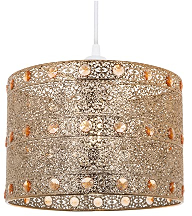 Polished Gold Acrylic Gem Moroccan Style Chandelier Pendant Light Shade Fitting with Amber Beads | 60w | 24cm Diameter | Quality Made Product by Happy Homewares