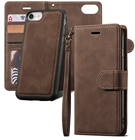 QLTYPRI Étui pouriPhone 7/8/SE 2020/SE 2022, Housse Amovible Détachable Magnétique Porte-Cartes Étui à Rabat avec Support Compatible avec iPhone 7/8/SE 2020/SE 2022 5G - Café