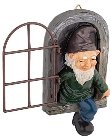 Relaxdays Zwerg mit Fenster, wetterfest, Baumstamm Deko, H x B: 15 x 8 cm, Baumwichtel zum Aufhängen, Kunststein, bunt