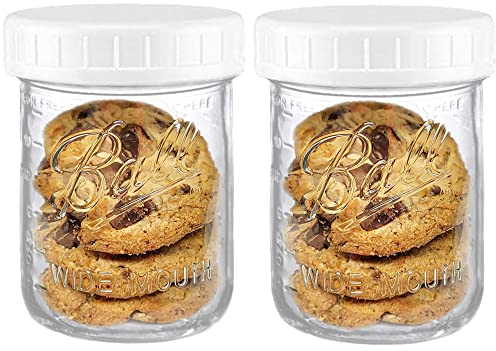Wide Mouth Mason Jars 16 oz - (2 Pack) - Ball Wide Mouth 16-Ounces Pint Mason Jars with White M.E.M Food Storage Plastic Lids, Caps Fit Ball and Kerr Wide Mouth - For Storage, Freezing, Leak Proof,