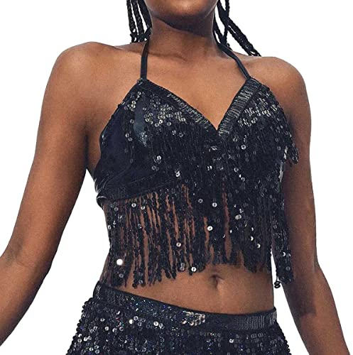 Pailletten-Top mit Neckholder, für Salsa, Bauchtanz, Boho, Festival, Club, Tribal-Top, Kostüm, mit Fransen, Quaste, Passung 32A bis 36B (Schwarz 2)