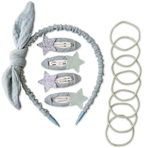 Papierdrachen Besonderes Haar Accessoires Set mit Haarreif, Glitzer-Haarspangen, Haargummis kombiniert mit hochwertigem Musselin Stoff - Salbei - für Mädchen und Damen