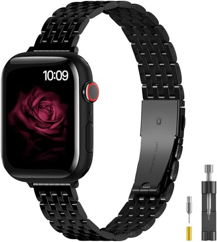 TISIMO Bracelet en acier inoxydable pour Apple Watch 38 mm, 40 mm, 41 mm, noir brillant, unisexe