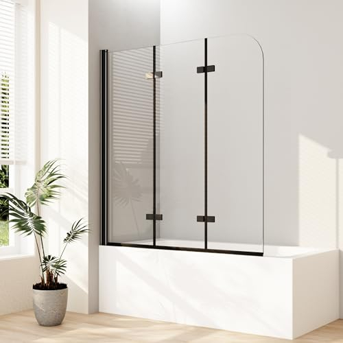 Duschwand für Badewanne 130x140cm 3-teilig faltbar Badewannenaufsatz Badewannenfaltwand Duschwand Faltwand Duschabtrennung für Badewanne mit 6mm NANO Sicherheitsglas, Matt Schwarz