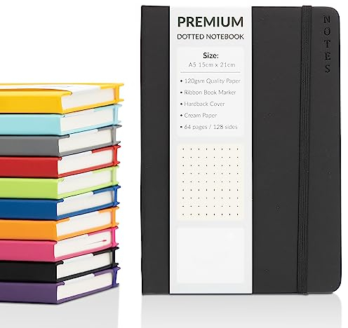 Bullet Journal A5 gepunktetes Notizbuch mit festem Einband aus Kunstleder und hochwertigem 120 g/m² dickem Punktrasterpapier (128 cremefarbene Seiten, schwarz)