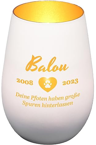 Windlicht aus Glas graviert mit Wunschnamen für Haustier (Weiß/Gold)| Andenken | personalisiert | Trauergeschenk | Teelichtglas | Teelichthalter | Grablicht